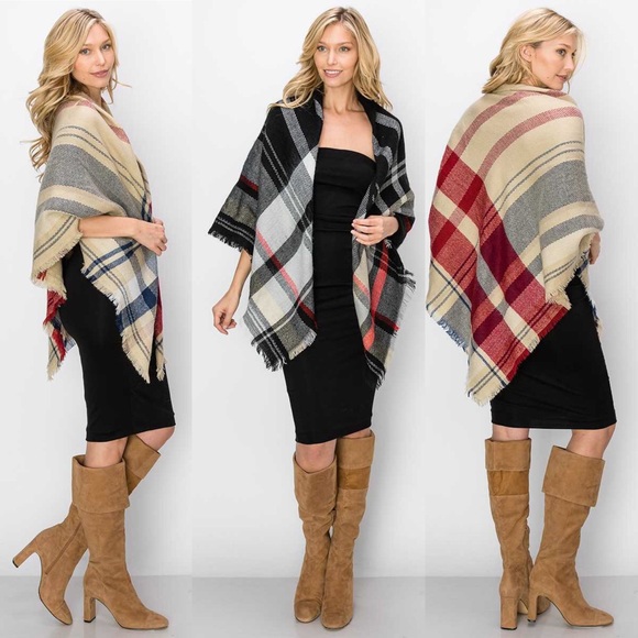 Plaid Scarf Fringed Hem Blue/Cream - Picture 3 of 3